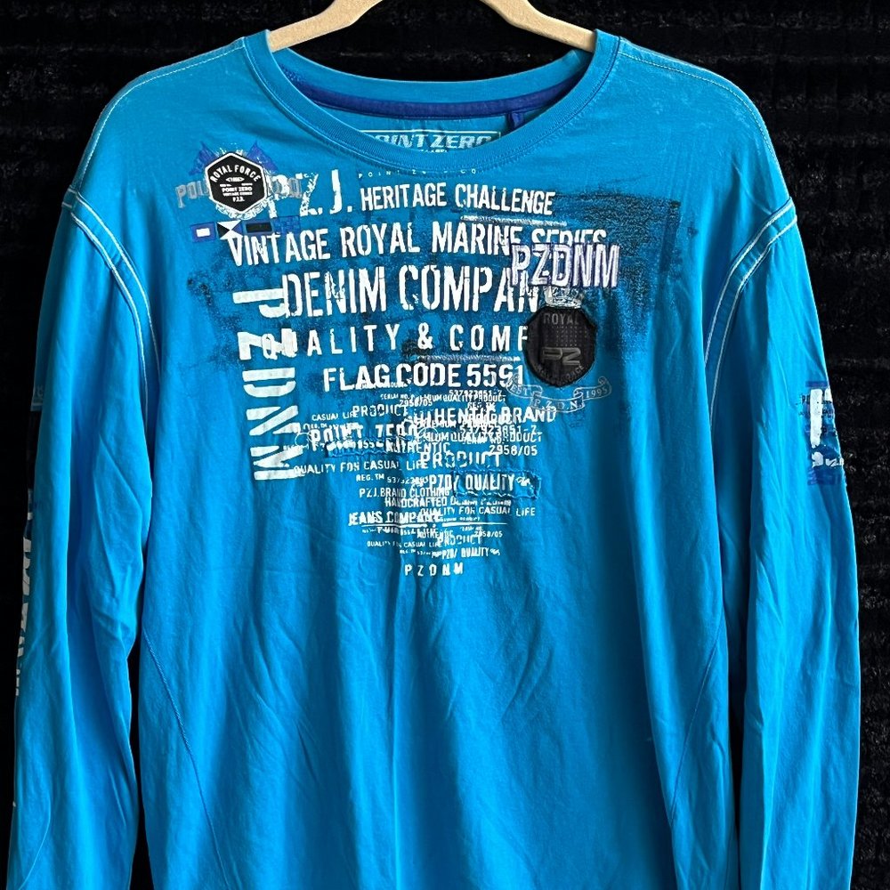 Point Zero Light Blue Long Sleeve T-Shirt with Print on Front & Back